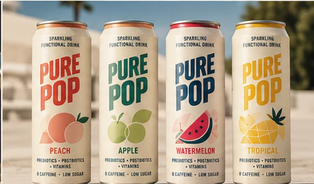 Pure Pop cans in Peach, Apple, Watermelon and Tropical with illustrated fruit graphics